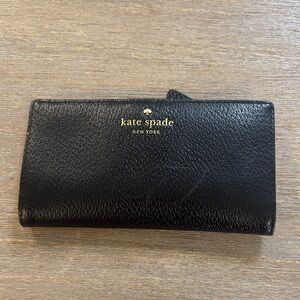 kate spade Black Pebbled Leather Continental Wallet with Gold Logo